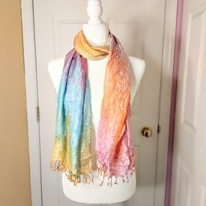 Boho Embroidered Pastel  Scarf with Fringe